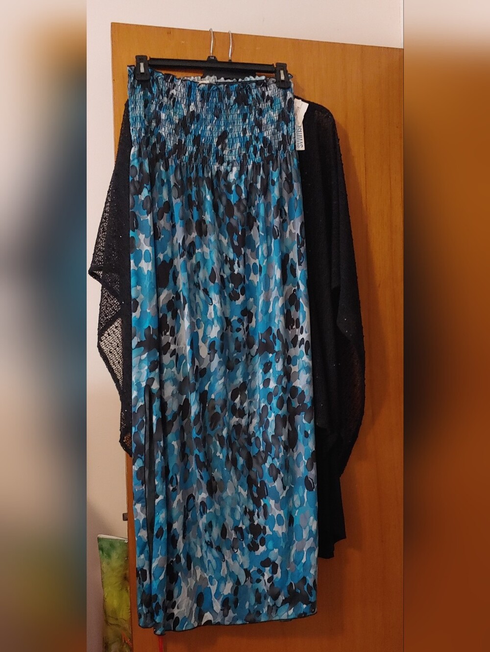 Blue Patterned Smocked Shoulderless Maxi Dress